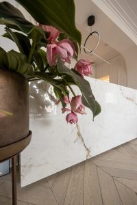 Obraz przedstawia nowoczesne wnętrze z dużym blatem wykonanym z białego spieku kwarcowego Neolith z brązowymi i złotymi żyłkami. Na pierwszym planie znajduje się doniczka z rośliną o dużych zielonych liściach i różowych kwiatach. Podłoga wykonana jest z jasnego drewna ułożonego w jodełkę.